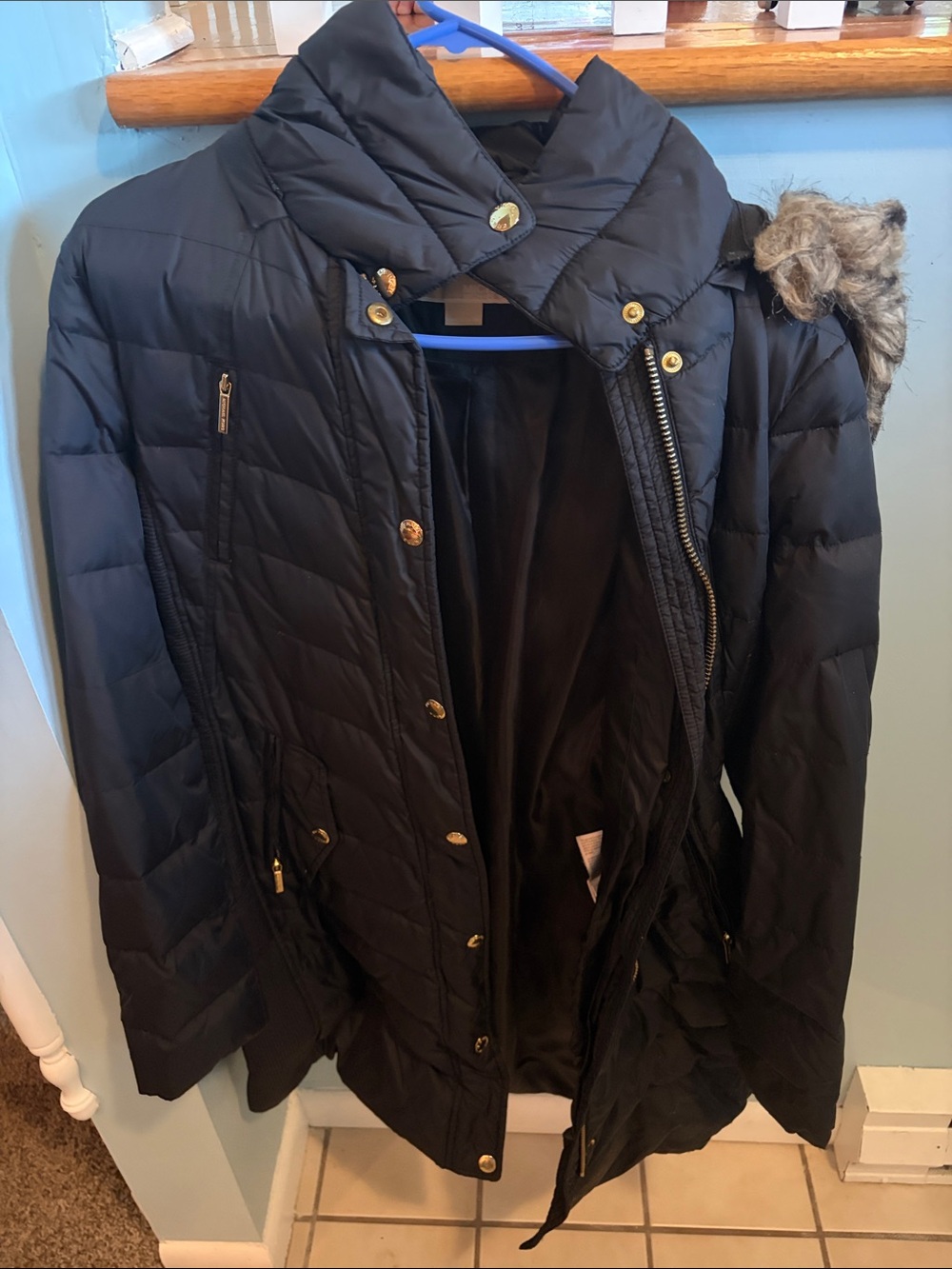 Michael Kors Black Quilted Puffer Jacket with Faux Fur Hood Trim